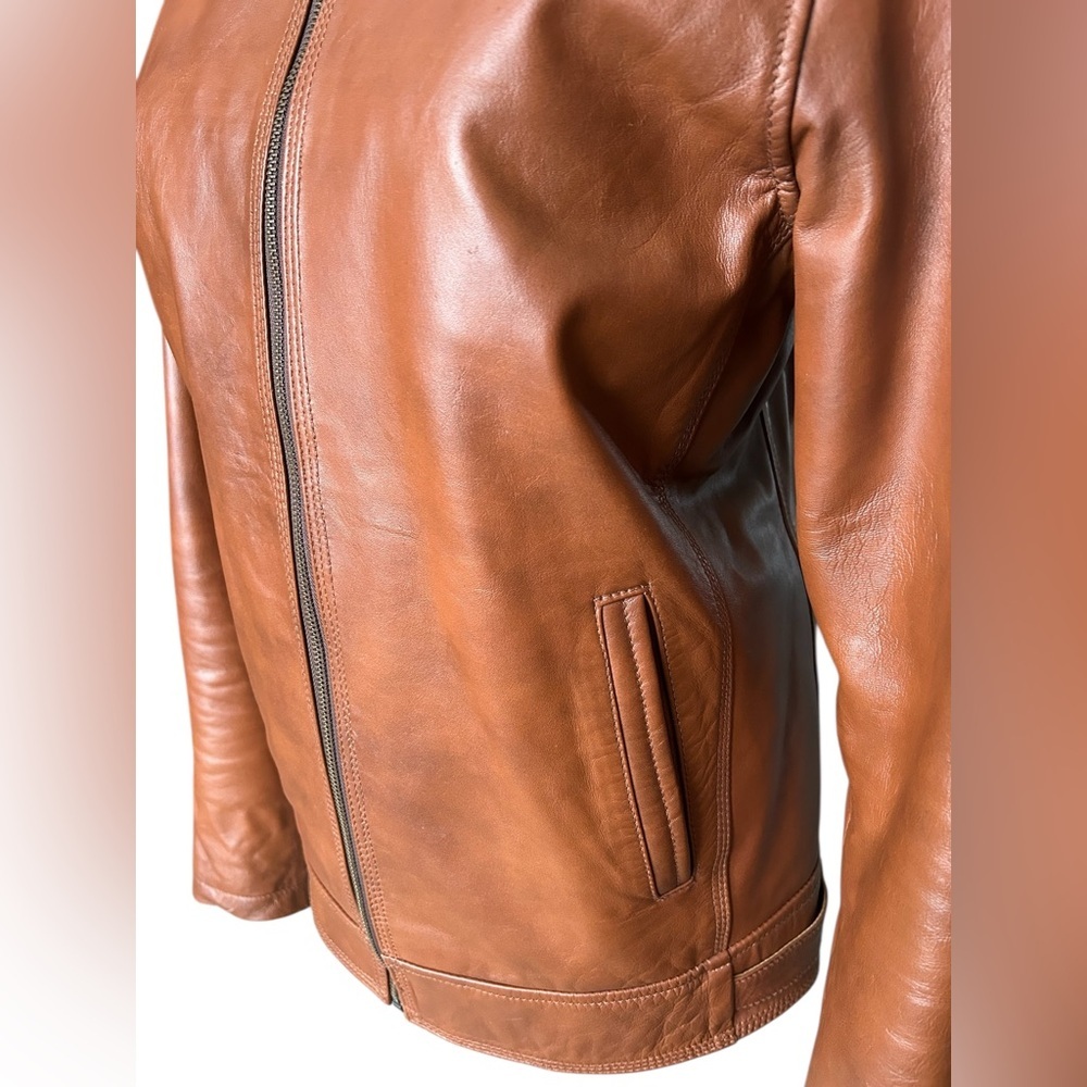 Zara Unisex Biker Leather Jacket – Tan/Cognac, Size Small Like New - Picture 3 of 14